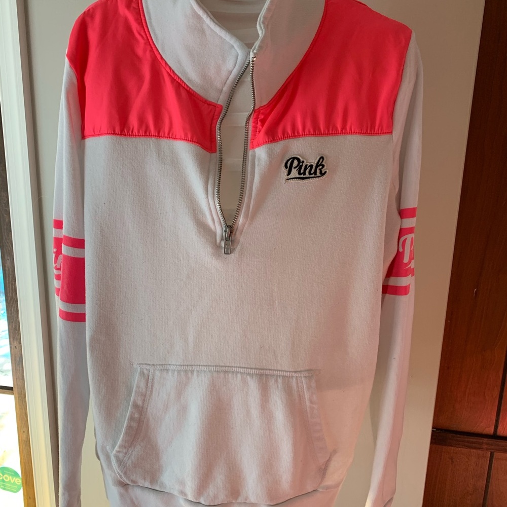 PINK hot pink and white quarter zip sweatshirt